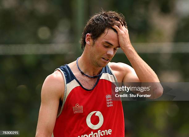 England bowler James Anderson looks on during England cricket nets at the Premadasa Stadium on December 7, 2007 in Colombo, Sri Lanka.