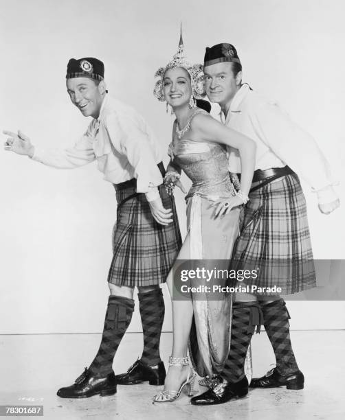 Bing Crosby , Dorothy Lamour and Bob Hope in contrasting Scottish and Balinese outfits in a publicity shot for Hal Walker's musical comedy 'Road to...