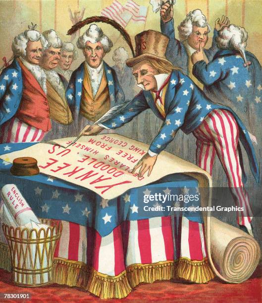 Illustration shows the Uncle Sam character, a personification of the United States of America, surrounded by men in wigs and similarly dressed in...