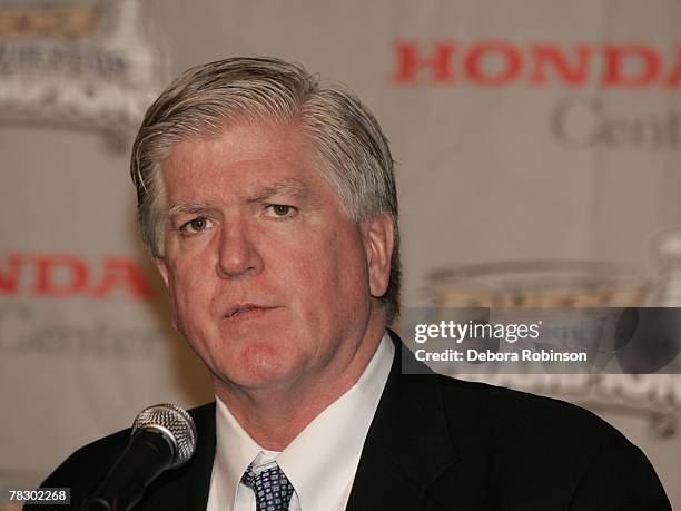 Executive Vice President/General Manager Brian Burke of the Anaheim Ducks announces Scott Niedermayer's return to the Anaheim Ducks in a press...