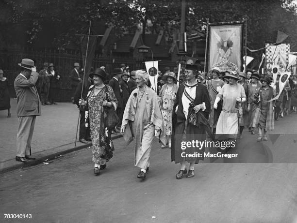 Anglo-Irish poitical activist and writer, Charlotte Despard leads members of the Women's Freedom League in the Equal Political Rights Demonstration,...