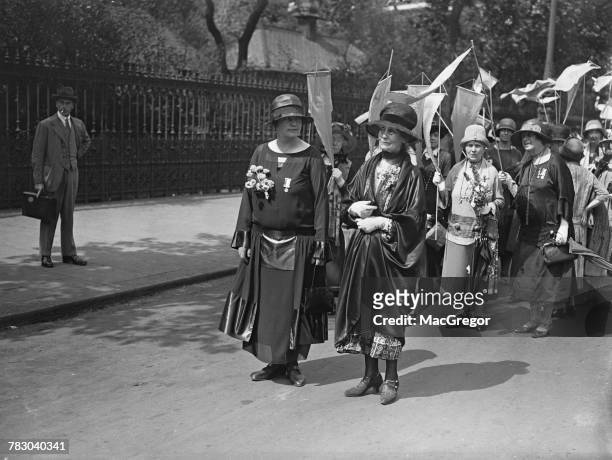 British suffragette leaders Margaret Mackworth, 2nd Viscountess Rhondda and Emmeline Pankhurst during the Equal Political Rights Demonstration,...