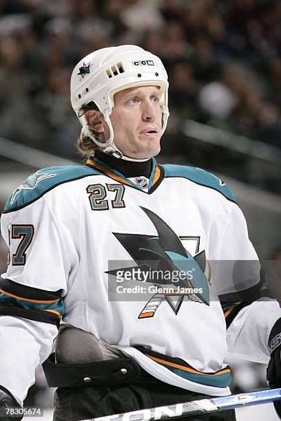 Jeremy Roenick of the San Jose Sharks takes a breather against the Dallas Stars at the American Airlines Center on December 5, 2007 in Dallas, Texas.