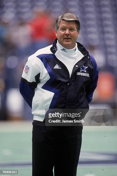 Head coach Jimmy Johnson of the Dallas Cowboys watches pregame warmups priro to playing against the San Francisco 49ers in the 1993 NFC Championship...