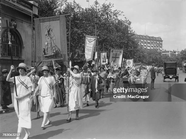 Members of Christian suffragist groups at Victoria Embankment during the Equal Political Rights Demonstration, London, 3rd July 1926. Forty different...