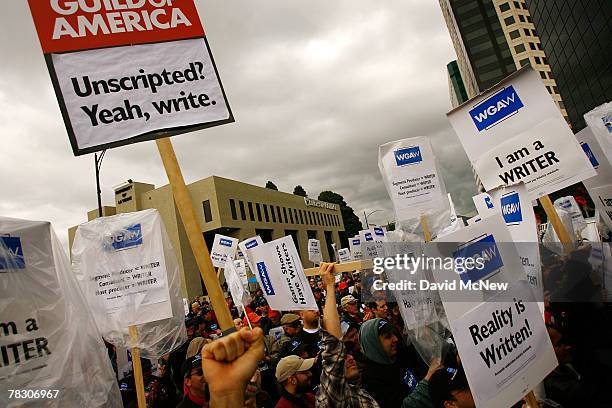 Members of the Writers Guild of America rally outside FremantleMedia North America to call attention to conditions for writers working on game shows...