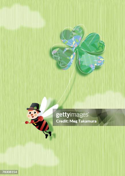 bee with a four leaf clover flying in the sky - holding clover stock illustrations