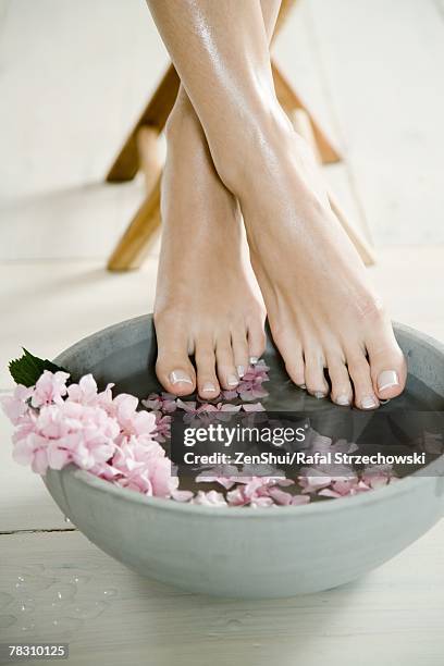 young woman's feet and floral foot bath - womens beautiful feet 個照片及圖片檔