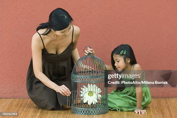 woman and girl with birdcage containing flower, woman opening door - open day 6 fotografías e imágenes de stock