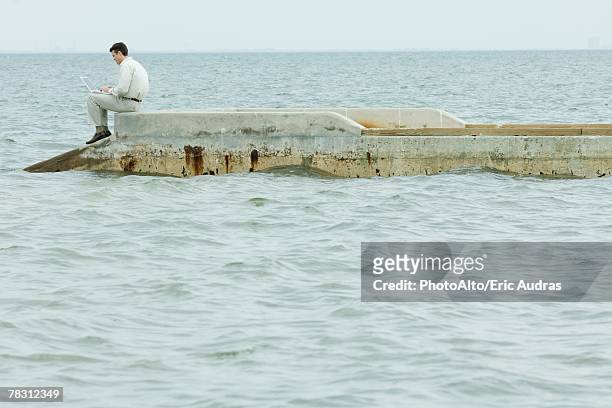man sitting on pier, using laptop computer, full length, side view - groyne stock-fotos und bilder