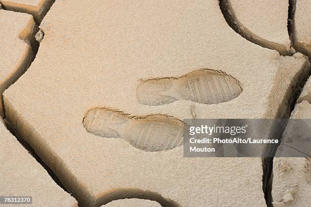 cracked dry soil with shoeprints, full frame - schuhabdruck stock-fotos und bilder