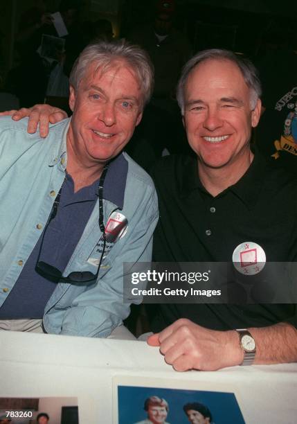 Former "CHiPs" stars Paul Linke and Robert Pine pose at the Hollywood Collectors and Celebrity Show held at the Beverly Garland Holiday Inn January...