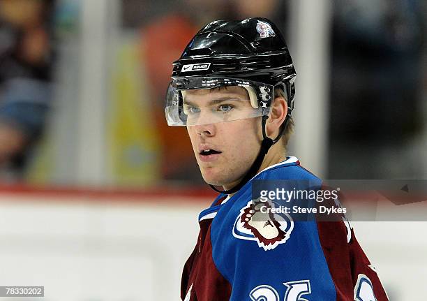 Paul Stastny of the Colorado Avalanche looks over to the bench during warmups before the game with the Philadelphia Flyers at the Pepsi Center on...