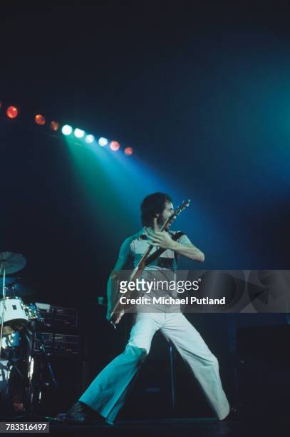 Pete Townshend of The Who performs live on stage at Wembley Empire Pool in London in October 1975.