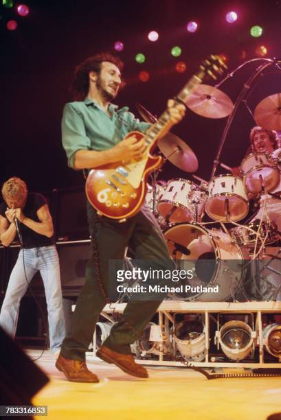 Roger Daltrey, Pete Townshend and Kenney Jones of The Who perform on stage at the Capitol Theater, Passaic, New Jersey on 10th September 1979....