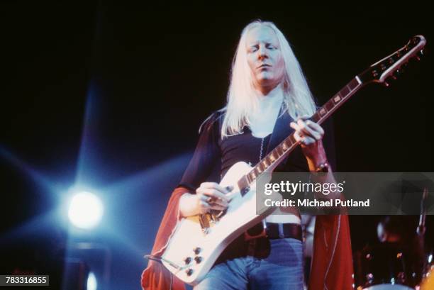 American singer, musician and guitarist Johnny Winter performs live on stage during a tour of the United kingdom in October 1974.