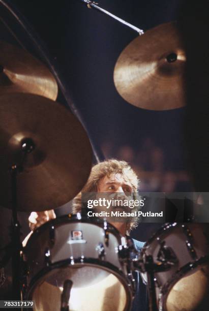 English musician and drummer Kenney Jones performs live on stage with rock group The Who during their farewell tour of the United States and Canada...