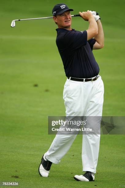 Ernie Els of South Africa plays his approach shot into the 10th green during the third round of The Alfred Dunhill Championship at The Leopard Creek...