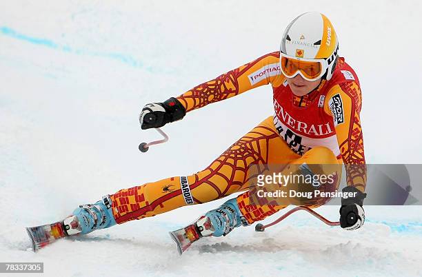 Britt Janyk of Canada skis to first place in the Women's FIS Alpine World Cup Downhill on Ruthie's Run on December 8, 2007 in Aspen, Colorado.