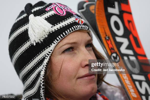 Julia Mancuso of the U.S. Looks on at the Women's FIS Alpine World Cup Downhill December 8, 2007 in Aspen, Colorado.