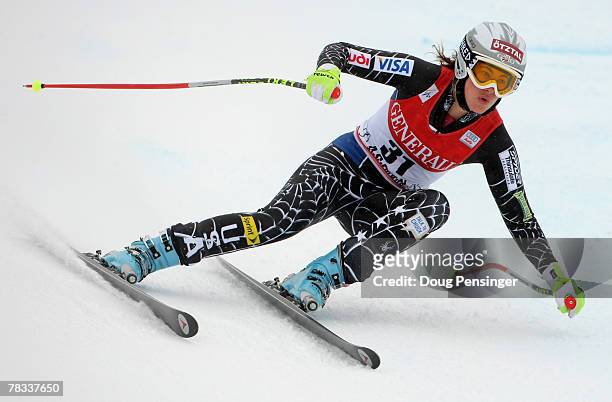 Resi Stiegler of the USA skis to 24th place in the Women's FIS Alpine World Cup Downhill on Ruthie's Run on December 8, 2007 in Aspen, Colorado.