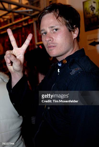 Tom DeLonge of Angels and Airwaves gets ready to perform a radio interview at Live 105's Not So Silent Night 2007 at the Bill Graham Civic Auditorium...