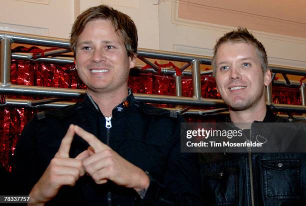 Tom DeLonge and Matt Wachter of Angels and Airwaves get ready to perform a radio interview at Live 105's Not So Silent Night 2007 at the Bill Graham...