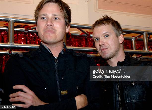 Tom DeLonge and Matt Wachter of Angels and Airwaves get ready to perform a radio interview at Live 105's Not So Silent Night 2007 at the Bill Graham...