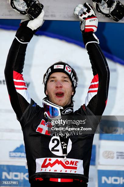 Manuel Veith of Austria takes 1st place during the FIS Snowboard World Cup Men's Parallel GS on December 08, 2007 in Limone Piemonte, Italy.