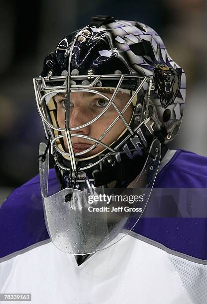 Goaltender Jonathan Quick of the Los Angeles Kings in action during the NHL game against the Buffalo Sabres at Staples Center on December 6, 2007 in...