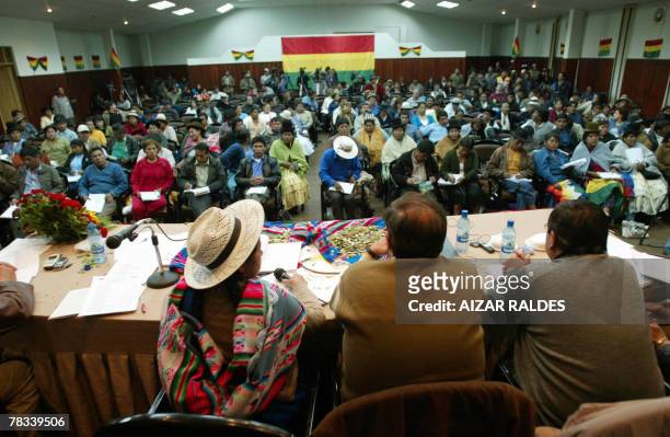 Silvia Lazarte president of the Constituent Assembly, gives a speech 08 December 2008 in the Andean department of Oruro, Bolivia, during the opening...