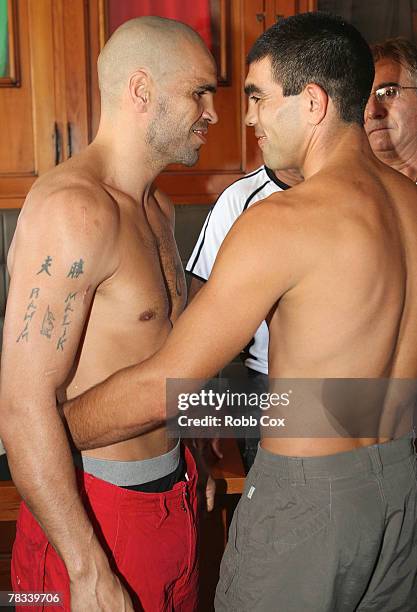 Anthony Mundine and Jose Albero Clavero pose during the weigh in for their WBA Super Middleweight title fight at the Boxa Bar on December 9, 2007 in...