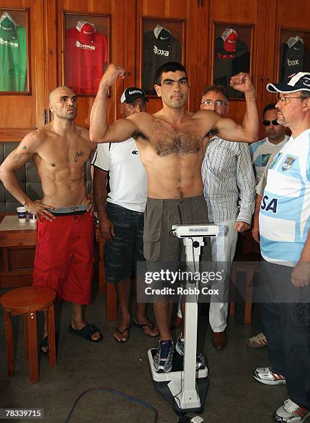 Jose Albero Clavero poses during the weigh in for his WBA Super Middleweight title fight with Anthony Mundine at the Boxa Bar on December 9, 2007 in...