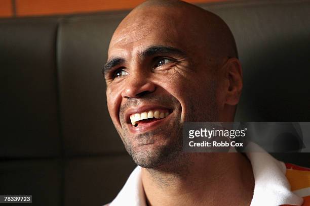 Anthony Mundine laughs during the weigh in for his WBA Super Middleweight title fight with Jose Albero Clavero at the Boxa Bar on December 9, 2007 in...