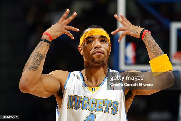 Kenyon Martin of the Denver Nuggets reacts to a call against the Sacramento Kings on December 8, 2007 at the Pepsi Center in Denver, Colorado. NOTE...