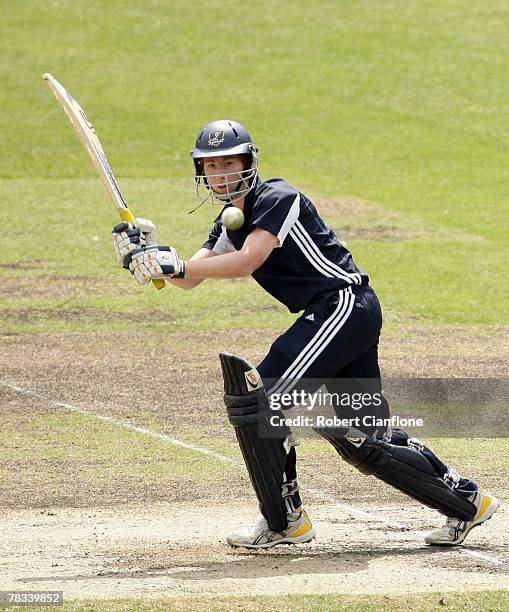 Kelly Applebee of the Spirit plays a shot during the WNCL match between the Victoria Spirit and the NSW Breakers at the Melbourne Cricket Ground...