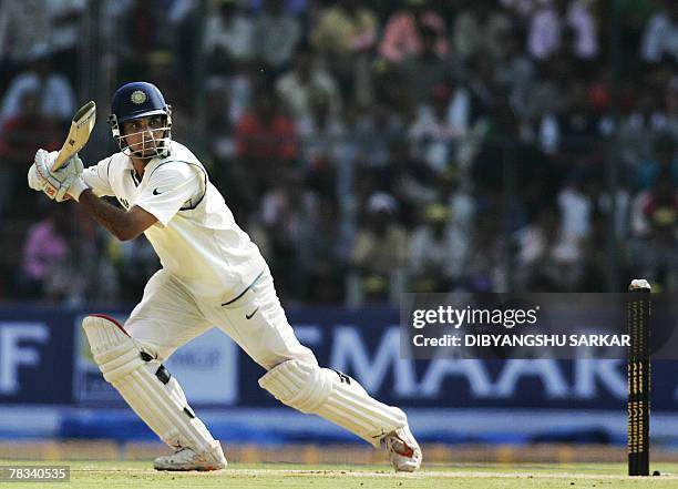 Indian cricketer Sourav Ganguly plays a shot during the second day of the third Test match between India and Pakistan at the Chinnaswamy stadium in...