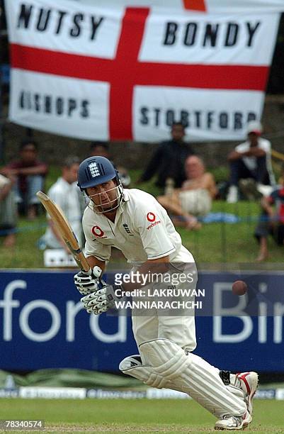 England cricket captain Michael Vaughan plays a shot during the first day of the second Test match against Sri Lanka at the Sinhalese Sports Club...
