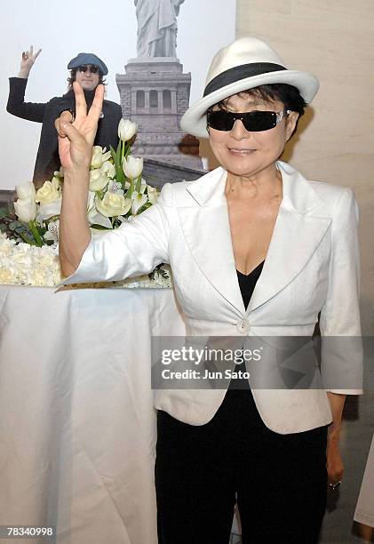 Artist Yoko Ono attends "The US vs John Lennon" stage greeting at Roppongi Hills on December 9, 2007 in Tokyo, Japan. John Lennon was shot dead 27...