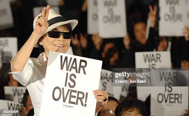 Artist Yoko Ono attends "The US vs John Lennon" stage greeting at Roppongi Hills on December 9, 2007 in Tokyo, Japan. John Lennon was shot dead 27...