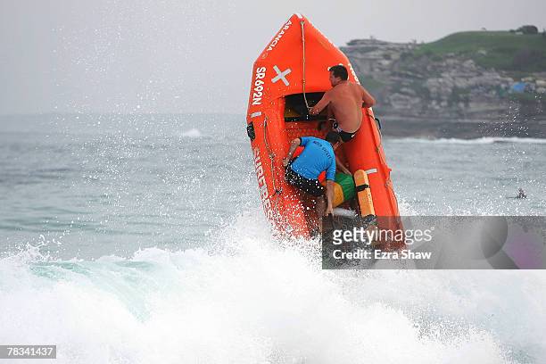 Andrew Hoggett and Mark Travers patrol the waters on a IRB at Bondi Beach on December 9, 2007 in Sydney, Australia. The Bondi Surf Bathers' Life...