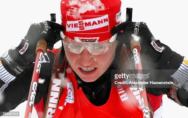 Andrea Henkel of Germany looks on during the women 4 x 6 km Relay event of the IBU Biathlon World Cup on December 9, 2007 in Hochfilzen, Austria.