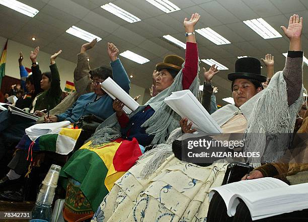 Members of the Constituent Assembly vote to approve an article of the new Bolivian constitution on December 09, 2007 in the Andean department of...