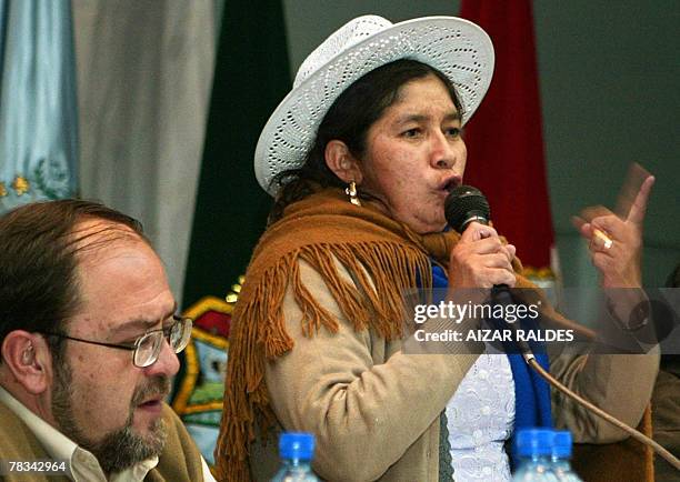 Silvia Lazarte talks to the Constituent Assembly on December 09, 2007 in the Andean department of Oruro, Bolivia. A majority, packed with supporters...