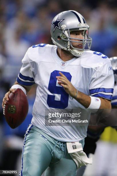 Quarterback Tony Romo of the Dallas Cowboys looks to pass against the Detroit Lions on December 9, 2007 at Ford Field in Detroit, Michigan.