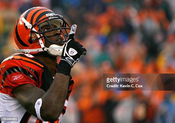 Receiver Chad Johnson of the Cincinnati Bengals reacts after pulling in a reception against the St. Louis Rams during the second half at Paul Brown...