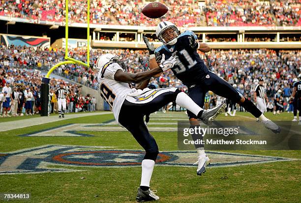 Cortland Finnegan of the Tennessee Titans breaks up a pass to Chris Chambers of the San Diego Chargers at LP Field December 9, 2007 in Nashville,...