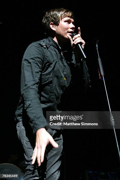 Singer Tom DeLonge of Angels and Airwaves performs during the KROQ Almost Acoustic Christmas at the Gibson Amphitheatre on December 8, 2007 in Los...