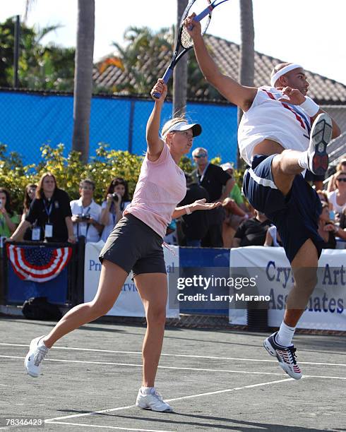 Maria Sharapova plays mixed doubles with her partner James Blake during the Andy Roddick Foundation Celebrity Tennis Exhibition on December 9, 2007...