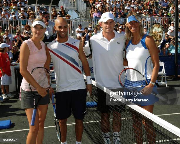 Maria Sharapova, James Blake, Andy Roddick, Brenda Schultz pose before there match at the Andy Roddick Foundation Celebrity Tennis Exhibition on...